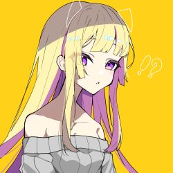Rule 34 | !?, 1girl, bare shoulders, blonde hair, blunt bangs, colored inner hair, commentary request, hair over one eye, highres, long hair, looking at viewer, multicolored hair, off-shoulder sweater, off shoulder, original, purple eyes, purple hair, shigure (rinky creater), sidelocks, simple background, solo, sweater, upper body, yellow background