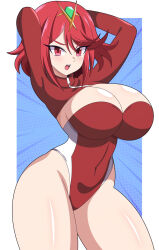Rule 34 | 1girl, abysswatchers, alternate costume, arms behind head, arms up, bikini, blue background, blush, breasts, competition swimsuit, curly hair, disgust, embarrassed, highres, huge breasts, jacket, one-piece swimsuit, open mouth, pyra (xenoblade), red bikini, red eyes, red hair, swimsuit, teeth, thighs, tiara, upper teeth only, xenoblade chronicles (series), xenoblade chronicles 2