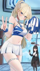 Rule 34 | 2girls, bare shoulders, black hair, blonde hair, blue archive, blue eyes, blush, breasts, cafenami, cellphone, cheerleader, cleavage, commentary request, crop top, detached collar, expressionless, halo, hands up, high ponytail, highres, holding, holding phone, holding pom poms, looking at viewer, medium breasts, midriff, miniskirt, multiple girls, navel, phone, pom pom (cheerleading), pom poms, red eyes, rio (blue archive), skirt, smartphone, solo focus, stomach, taking picture, thigh strap, toki (blue archive), v, white skirt