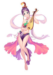 1girl barefoot breasts feet female_focus fiodo full_body green_eyes highres instrument looking_at_viewer medium_breasts multicolored_eyes navel original purple_eyes purple_hair short_hair simple_background smile solo white_background