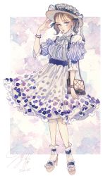 Rule 34 | 1girl, absurdres, ankle socks, bag, blue eyes, blue nails, blue theme, boater hat, bow, bowtie, bracelet, brown hair, dated, dress, earrings, eyeliner, fashion, floral print, frills, hair ribbon, hand on headwear, high collar, high heels, highres, jewelry, looking to the side, low twintails, makeup, nail polish, necklace, original, outside border, painting (medium), parted lips, pearl necklace, polka dot, remon (10112), ribbon, see-through, short twintails, shoulder bag, signature, socks, solo, striped, toenail polish, toenails, traditional media, twintails, watch, watercolor (medium)