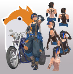 Rule 34 | 1boy, 2 sensei, abs, adjusting hair, androgynous, arm tattoo, back tattoo, black hair, black tank top, blue-framed eyewear, blue hair, braid, braided ponytail, brown footwear, closed eyes, clothes around waist, ear piercing, elbow gloves, from behind, from side, glasses, gloves, gradient background, highres, jacket, jacket around waist, motor vehicle, motorcycle, multicolored hair, muscular, open mouth, original, piercing, puffy pants, scar, scar on chest, single braid, smile, solo, tan, tank top, tanline, tattoo, tongue, tongue out, trap, two-tone hair, undercut