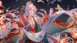 Rule 34 | 1boy, arms up, bracelet, braid, brooch, calligraphy brush, china dress, chinese clothes, collarbone, drawing, dress, facial mark, fire, floating clothes, floating hair, forehead mark, grey hair, hagoromo, hair ornament, hanfu, highres, jade (gemstone), jewelry, light, ljlqianxia, long hair, long sleeves, looking to the side, necklace, original, paintbrush, palette (object), red eyes, shawl, smile, solo, tassel, transparent, tray, upper body, water, white hair