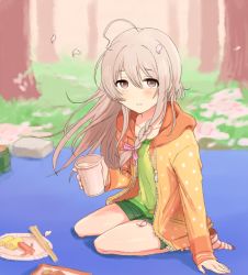 Rule 34 | 1girl, a ichi, ahoge, arm support, bare legs, blush, bow, braid, brick, brown eyes, cherry blossoms, chopsticks, cup, day, drink, flat chest, food, food art, forest, full body, grass, green shirt, green shorts, grey hair, hair bow, hanami, holding, holding cup, hood, hood down, hoodie, hoshi syoko, idolmaster, idolmaster cinderella girls, light smile, looking at viewer, nature, no shoes, orange hoodie, outdoors, paper plate, petals, picnic, plate, polka dot, polka dot hoodie, seiza, shirt, short eyebrows, short shorts, shorts, side braid, single braid, sitting, socks, solo, striped clothes, striped socks, tako-san wiener, tree, wind