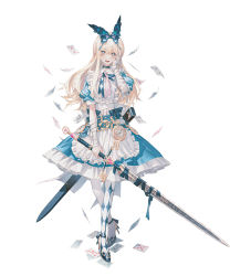 Rule 34 | 1girl, alice (grimlight), blue bow, blue dress, blue eyes, blue hairband, blush, bow, butterfly hair ornament, card, dress, grimlight, hair ornament, hairband, hand on own face, high heels, highres, holding, holding sword, holding weapon, looking at viewer, open mouth, pantyhose, playing card, smile, solo, sword, wanke, weapon, white background, white pantyhose