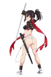 Rule 34 | 10s, 1girl, armor, black hair, brown eyes, cover, female focus, fingerless gloves, fundoshi, gloves, izumi (queen&#039;s blade), japanese armor, japanese clothes, kuuchuu yousai, official art, ootachi, ponytail, queen&#039;s blade, queen&#039;s blade rebellion, red scarf, salute, scarf, seashell, shell, solo
