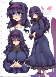 Rule 34 | 10s, 1girl, @ @, ahoge, alternate breast size, ankle ribbon, bags under eyes, blush, breasts, creatures (company), dress, game freak, gen 1 pokemon, gengar, hairband, hex maniac (pokemon), highres, large breasts, leg ribbon, long hair, looking at viewer, messy hair, nintendo, npc trainer, pokemon, pokemon (creature), pokemon xy, purple eyes, purple hair, ribbon, sketch, standing, sweater, tokyo (great akuta), wavy mouth