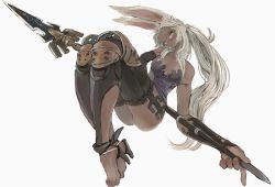 Rule 34 | 1girl, animal ears, warrior of light (ff14), barefoot, closed mouth, commission, dark-skinned female, dark skin, ebimomo, final fantasy, final fantasy xiv, grey hair, holding, holding polearm, holding spear, holding weapon, knee pads, long hair, looking at viewer, original, polearm, rabbit ears, simple background, skeb commission, solo, spear, very long hair, weapon, white background, yellow eyes