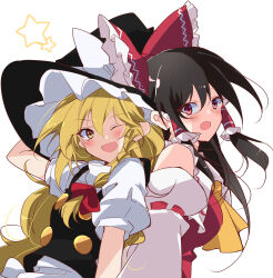 Rule 34 | 2girls, :d, arm behind head, ascot, bare shoulders, black hair, black headwear, black vest, blonde hair, blush, bow, braid, breasts, buttons, commentary request, detached sleeves, frilled bow, frills, hair bow, hair tubes, hakurei reimu, hat, hat bow, highres, ichimura kanata, kirisame marisa, large breasts, long hair, looking at viewer, multiple girls, one eye closed, open mouth, puffy short sleeves, puffy sleeves, red bow, red eyes, red shirt, shirt, short sleeves, single braid, sleeveless, sleeveless shirt, small breasts, smile, star (symbol), touhou, upper body, vest, white shirt, witch hat, yellow ascot, yellow eyes