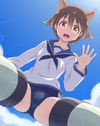 Rule 34 | 1girl, animal ears, blue one-piece swimsuit, blush, breasts, brown eyes, brown hair, cameltoe, collarbone, crotch, dog ears, dress, flying, from below, highres, looking at viewer, miyafuji yoshika, one-piece swimsuit, open mouth, sailor dress, school swimsuit, shiny skin, short hair, sky, small breasts, smile, solo, spread legs, strike witches, striker unit, swimsuit, world witches series, yosuzu