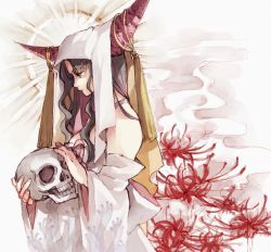 Rule 34 | 1girl, black hair, breasts, cleavage, commentary, detached sleeves, facial mark, fate (series), flower, forehead mark, forehead tattoo, from side, halo, halo behind head, highres, holding, holding skull, horn ornament, horn ring, horns, long hair, looking down, parted bangs, pink ribbon, red flower, ribbon, saichuu (more1208), sessyoin kiara, sidelocks, skull, solo, tassel, veil, white background, white sleeves, wide sleeves, yellow eyes