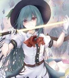 Rule 34 | 1girl, belt, black headwear, blue hair, blue skirt, closed mouth, cowboy shot, gloves, highres, hinanawi tenshi, holding, holding sword, holding weapon, leaf, long hair, looking at viewer, outdoors, rainbow order, red eyes, rei rf, rock, short sleeves, skirt, solo, standing, sword, sword of hisou, touhou, weapon, white gloves