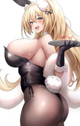 Rule 34 | 1girl, absurdres, animal ears, ass, bare shoulders, black leotard, blush, breasts, cup, drinking glass, fake animal ears, goddess of victory: nikke, hair intakes, high ponytail, highres, huge breasts, jasony, leotard, long hair, looking at viewer, pantyhose, playboy bunny, rupee (nikke), rupee (rabbit deluxe) (nikke), smile, solo, tray