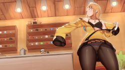 Rule 34 | 1girl, black bra, black pantyhose, black skirt, blonde hair, bra, breasts, commission, constricted pupils, cosplay, dagashi kashi, ear piercing, endou saya, fang, fingerless gloves, from below, gloves, guilty gear, guilty gear xrd, hair ornament, hairclip, highres, jacket, kitchen, long hair, looking at viewer, looking down, millia rage, millia rage (cosplay), miniskirt, open clothes, open jacket, panties, panties under pantyhose, pantyhose, parted bangs, piercing, pleated skirt, skirt, small breasts, solo, suwaiya, thick thighs, thighs, underwear, undressing, upskirt, white gloves, white panties, yellow jacket