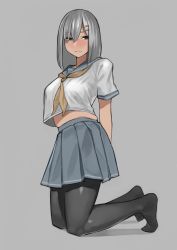 Rule 34 | 10s, 1girl, arms behind back, bad id, bad twitter id, black pantyhose, blue eyes, blush, breasts, brown neckerchief, crop top, crop top overhang, full body, grey background, grey hair, grey skirt, hair ornament, hair over one eye, hamakaze (kancolle), highres, kantai collection, kneeling, light frown, looking to the side, midriff, neckerchief, pantyhose, pleated skirt, school uniform, serafuku, simple background, skirt, solo, yellow neckerchief, yomu (sgt epper)