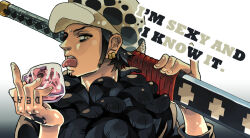 Rule 34 | 1boy, black hair, earrings, eguana, english text, facial hair, fur hat, goatee, hand tattoo, hat, heart (organ), holding, holding organ, holding sword, holding weapon, jewelry, looking at viewer, male focus, middle finger, one piece, short hair, solo, sword, tattoo, tongue, tongue out, trafalgar law, weapon, yellow eyes