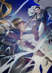 Rule 34 | 2boys, arisaka, battle, black hair, blue jacket, blue pants, bolt action, boots, clenched teeth, cloak, commentary request, cowboy shot, debris, evil grin, evil smile, facial hair, scar on face, fighting stance, full body, goatee, golden kamuy, grin, gun, hair slicked back, hair strand, hat, holding, holding gun, holding weapon, jacket, knee boots, long sleeves, looking at another, male focus, military, military hat, military uniform, multiple boys, ogata hyakunosuke, outdoors, pants, rifle, scar, scar on cheek, scar on face, scarf, short hair, smile, smoke, sugimoto saichi, teeth, uniform, w55674570w, weapon, white cloak, white footwear, yellow scarf