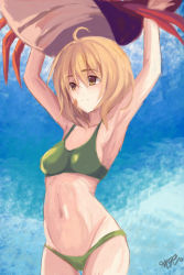 Rule 34 | 10s, 1girl, ahoge, alternate costume, armpits, arms up, bandaid, bandaid on face, bare shoulders, bikini, brown eyes, brown hair, closed mouth, commentary request, crab, eyebrows, green bikini, kantai collection, navel, oboro (kancolle), parted lips, short hair, swimsuit, yanagi wakana