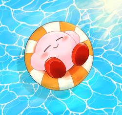 afloat blue_background blush closed_eyes closed_mouth day from_above full_body happy highres innertube kirby kirby_(series) light_rays lying miwa_(ahyuck) nintendo no_humans on_back outdoors smile solo sunlight swim_ring water