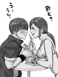 Rule 34 | 1boy, 1girl, bad id, bad pixiv id, bikini, blush, capcom, claire redfield, drink, drinking straw, eye contact, greyscale, highres, katou teppei, licking lips, long hair, looking at another, monochrome, ponytail, resident evil, resident evil - code: veronica, steve burnside, sweat, swimsuit, tongue, tongue out
