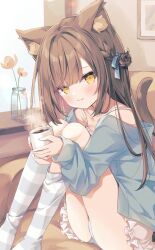 Rule 34 | 1girl, animal ear fluff, animal ears, ass, blue jacket, blush, brown hair, cat ears, cat girl, cat tail, closed mouth, collarbone, commentary request, cup, dress, fang, fang out, feet out of frame, frilled dress, frills, hair bun, highres, holding, holding cup, hoshi (snacherubi), indoors, jacket, knees up, long hair, looking at viewer, mug, no shoes, off shoulder, open clothes, open jacket, original, panties, single side bun, sitting, sleeveless, sleeveless dress, smile, socks, solo, striped clothes, striped socks, sunlight, tail, underwear, very long hair, white dress, white panties, window, yellow eyes