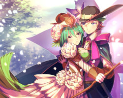 Rule 34 | 10s, 1boy, 1girl, anjou tokoha, blush, bow (weapon), breasts, brown eyes, cardfight!! vanguard, cardfight!! vanguard g, character request, dress, flower, green hair, hat, hat flower, open mouth, satoimo (3311 mi), weapon