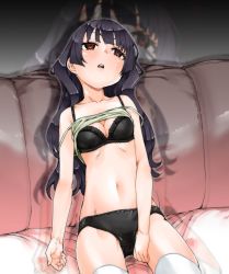 Rule 34 | 1girl, akitsuki itsuki, bare shoulders, black bra, black hair, black panties, bow, bow panties, bra, camisole, camisole lift, clothes lift, copyright request, couch, empty eyes, fingernails, green camisole, hypnosis, looking up, mind control, on couch, panties, parted lips, red eyes, sitting, solo, thighhighs, underwear, underwear only, white thighhighs