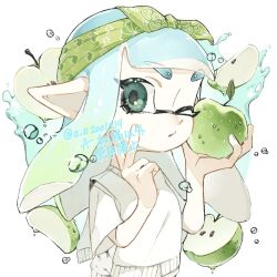 Rule 34 | 1girl, 2boys, a a2001214, apple, aqua eyes, artist name, blue hair, bow, commentary request, eyelashes, food, fruit, gradient hair, green apple, green bow, green hair, green hairband, hairband, holding, holding food, holding fruit, inkling, inkling girl, inkling player character, long hair, multicolored hair, multiple boys, nintendo, one eye closed, open mouth, pointy ears, seed, simple background, splatoon (series), sweater, tentacle hair, thick eyebrows, translation request, twitter username, two-tone hair, upper body, v, water, white background, white sweater
