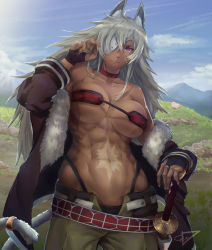 Rule 34 | 2girls, abs, absurdres, ahoge, animal ear fluff, animal ears, bandeau, bare shoulders, bed sheet, belt, black jacket, black panties, blue sky, breasts, bridal gauntlets, cat ears, cat tail, choker, cleavage, closed mouth, cloud, collarbone, commentary, cowboy shot, dark-skinned female, dark skin, day, eris greyrat, ethan wylie, eyepatch, facial scar, fur-trimmed jacket, fur trim, ghislaine dedoldia, green pants, hair between eyes, hand on hilt, hand up, highleg, highleg panties, highres, jacket, large breasts, long hair, long sleeves, looking at viewer, mountainous horizon, multiple girls, muscular, muscular female, mushoku tensei, navel, obliques, off shoulder, open belt, open pants, outdoors, panties, pants, red bandeau, red choker, red eyes, scar, scar on cheek, scar on face, scar on stomach, sheet grab, sidelocks, signature, sky, solo focus, standing, stomach, sword, tail, tail ornament, tail ring, underboob, underwear, weapon, white belt
