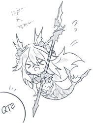 Rule 34 | &gt;o&lt;, 1girl, chibi, fins, full body, hair between eyes, head fins, highres, holding, holding polearm, holding weapon, kneeless mermaid, lamia (punishing: gray raven), long hair, mechanical arms, mechanical tail, mermaid, monochrome, monster girl, myam (123ab456c), navel, polearm, punishing: gray raven, shell hair ornament, solo, sweatdrop, tail, translation request, weapon
