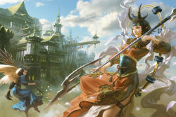 Rule 34 | 2girls, architecture, armor, black hair, brown eyes, building, cloud, day, east asian architecture, facial mark, facial tattoo, female focus, floating island, horn ornament, horn ring, horns, jewelry, long hair, multiple girls, oni, original, outdoors, pointy ears, polearm, ring, short hair, sky, spear, tattoo, weapon, wings, traditional youkai, yuu kikuchi, yuukikuchi