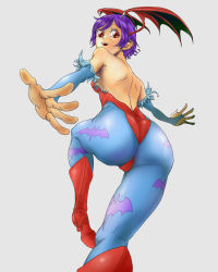 Rule 34 | 1girl, animal print, ass, back, bare shoulders, bat print, bat wings, boots, breasts, bridal gauntlets, capcom, demon girl, covered erect nipples, freeride-art, from behind, from below, head wings, high heel boots, high heels, highres, huge ass, leotard, lilith aensland, looking at viewer, looking back, looking down, open mouth, outstretched hand, pantyhose, print legwear, purple hair, red eyes, short hair, sideboob, small breasts, smile, demon girl, vampire (game), wings