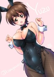 Rule 34 | 1girl, :d, alternate costume, bare shoulders, black leotard, blush, bow, bowtie, breasts, brown eyes, brown hair, character name, cleavage, collarbone, covered navel, curvy, detached collar, fishnet pantyhose, fishnets, girls und panzer, highleg, highleg leotard, impossible clothes, impossible leotard, kamogawa tanuki, koyama yuzu, large breasts, leotard, looking at viewer, open mouth, pantyhose, pink background, playboy bunny, ponytail, rabbit ears, shiny clothes, shiny skin, side-tie leotard, sideboob, signature, simple background, smile, solo, twitter username, wide hips, wrist cuffs
