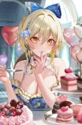 Rule 34 | 1girl, absurdres, alternate costume, balloon, bare shoulders, blonde hair, blue bow, blue nails, bow, breasts, cake, commentary request, food, fork, genshin impact, hair bow, hands up, heart balloon, highres, holding, holding fork, large breasts, long hair, looking at viewer, lumine (genshin impact), macaron, nail polish, off-shoulder shirt, off shoulder, pottsness, shirt, short sleeves, solo, upper body, yellow eyes