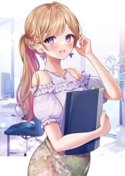 Rule 34 | 1girl, :d, adjusting hair, bare shoulders, blonde hair, blush, braid, camisole, chair, collarbone, desk, earrings, floral print, folder, frilled shirt, frills, hand up, highres, holding, holding folder, indoors, jewelry, long sleeves, looking at viewer, multicolored hair, office, office chair, open mouth, original, pencil skirt, ponytail, purple camisole, purple eyes, purple shirt, shirt, skirt, smile, solo, standing, swivel chair, two-tone hair, white skirt, window, yugirlpict