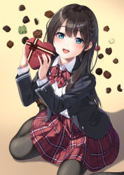 Rule 34 | 1girl, blue eyes, blue jacket, bow, bowtie, box, brown hair, english text, happy valentine, heart-shaped box, highres, holding, jacket, long sleeves, looking at viewer, open clothes, open jacket, original, red bow, red skirt, school uniform, shirt, sitting, skirt, smile, solo, unasaka ryou, valentine, white shirt