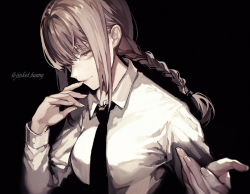 Rule 34 | 1girl, black background, black necktie, braid, braided ponytail, breasts, business suit, chainsaw man, collared shirt, commentary request, formal, koshika rina, long sleeves, looking at viewer, makima (chainsaw man), medium breasts, medium hair, necktie, neckwear request, ringed eyes, shirt, simple background, smile, solo, suit, twitter username, upper body, white shirt