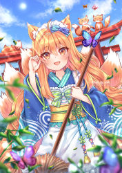 Rule 34 | 1girl, :d, animal, animal ears, apron, arm up, artist name, bad id, bad pixiv id, blonde hair, blue kimono, blue sky, blurry, blurry foreground, blush, bow, broom, brown eyes, bug, butterfly, closed eyes, cloud, cloudy sky, commentary, day, depth of field, dutch angle, fang, fingernails, fox, fox ears, fox girl, fox tail, green bow, hair between eyes, holding, holding broom, insect, japanese clothes, kimono, kitsune, long hair, long sleeves, looking at viewer, maid, maid headdress, nami (nyaa), open mouth, original, outdoors, print kimono, sky, smile, solo, striped, striped bow, sun, tail, torii, very long hair, wa maid, white apron, wide sleeves