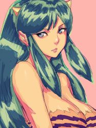 Rule 34 | 1girl, animal print, blue eyes, breasts, cone horns, fumio (rsqkr), green hair, horns, large breasts, long hair, lum, simple background, solo, striped horns, tiger print, urusei yatsura, yellow horns