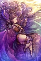 Rule 34 | 1girl, armpits, arulumaya, bracelet, brown eyes, brown hair, cape, detached sleeves, dress, full body, granblue fantasy, hair ornament, hairband, harvin, jewelry, layered clothes, long hair, looking at viewer, lying, matching hair/eyes, mole, mole under eye, on side, pointy ears, ribbon, solo, thighhighs, thighs, uguisu (pix-pix)
