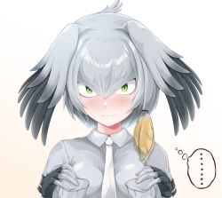 Rule 34 | ..., 1girl, absurdres, bird wings, blonde hair, breast pocket, breasts, closed mouth, collared shirt, fingerless gloves, gloves, gradient background, green eyes, grey hair, grey shirt, hair between eyes, hands on own chest, head wings, highres, kemono friends, long bangs, long hair, looking at viewer, muki (munikichan), multicolored hair, necktie, pocket, shirt, shoebill (kemono friends), side ponytail, solo, upper body, white necktie, wing collar, wings