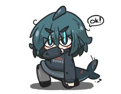Rule 34 | 1girl, black footwear, black hoodie, blue eyes, blue hair, blush, chibi, clothes writing, commentary request, fins, fish tail, flaming eyes, fuka-chan, full body, grey pantyhose, grey skirt, hair between eyes, highres, hood, hood down, hoodie, on one knee, original, pantyhose, shark tail, shoes, short eyebrows, simple background, skirt, solo, speed lines, tail, thick eyebrows, uni souchou, v-shaped eyebrows, white background