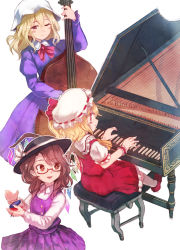 Rule 34 | 3girls, ascot, blonde hair, blush, bow, brown eyes, brown hair, castanets, cello, commentary request, crystal, dress, fedora, flandre scarlet, frilled shirt, frilled skirt, frills, glasses, hat, hat bow, hat ribbon, highres, instrument, maribel hearn, medium hair, mob cap, multiple girls, music, one eye closed, piano, piano bench, playing instrument, playing piano, puffy short sleeves, puffy sleeves, purple dress, red bow, red eyes, red ribbon, red skirt, red vest, ribbon, shirt, short hair, short sleeves, side ponytail, sitting, skirt, smile, terrajin, touhou, usami sumireko, vest, white bow, wings, wrist cuffs