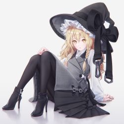 Rule 34 | 1girl, alternate costume, ankle boots, black bow, black footwear, black pantyhose, black skirt, boots, bow, braid, closed mouth, collared shirt, commentary request, expressionless, frilled hat, frills, hand on own knee, hat, hat bow, high heels, highres, kirisame marisa, knees up, long hair, long sleeves, looking at viewer, pantyhose, plaid, shirt, side braid, simple background, skirt, solo, torinari (dtvisu), touhou, white background, white shirt, witch hat