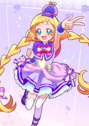 Rule 34 | 1girl, :d, arm up, armpits, blonde hair, blue eyes, bow, bow earrings, braid, bright pupils, brooch, capelet, cure friendy, deerstalker, dot nose, dress, dress bow, earrings, frilled wrist cuffs, frills, hair bow, hat, headband, heart, heart background, heart brooch, highres, inukai iroha, jewelry, long hair, looking at viewer, magical girl, multicolored eyes, open mouth, paw print, paw print background, pink bow, pink eyes, pouch, precure, purple background, purple capelet, purple dress, purple footwear, purple headband, purple headwear, purple theme, shoes, smile, solo, standing, standing on one leg, striped, striped bow, thighhighs, tiler (tiler00), twin braids, white thighhighs, wonderful precure!, wrist cuffs