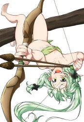 Rule 34 | 1girl, :d, aiming, archery, arrow (projectile), bikini, black bow, bow, bow (weapon), branch, breasts, commission, elf, full body, goblin slayer!, green bikini, green eyes, green hair, hair bow, hanging, high elf archer (goblin slayer!), kankitukou, looking at viewer, open mouth, pointy ears, simple background, skeb commission, small breasts, smile, solo, swimsuit, teeth, upper teeth only, upside-down, weapon, white background