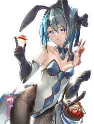 Rule 34 | 1girl, absurdres, alternate costume, animal ears, bare shoulders, basket, beruka (fire emblem), black pantyhose, blue hair, bow, breasts, choker, clear glass (mildmild1311), cosplay, cowboy shot, fake animal ears, fire emblem, fire emblem awakening, fire emblem fates, fire emblem heroes, gloves, hair between eyes, hair bow, headband, highres, holding, holding basket, leotard, looking at viewer, nintendo, open mouth, pantyhose, playboy bunny, purple eyes, rabbit, rabbit ears, rabbit tail, severa (fire emblem), severa (fire emblem) (cosplay), severa (spring) (fire emblem), short hair, small breasts, tail