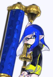Rule 34 | 1girl, amatya, bad id, bad twitter id, bike shorts, black shorts, blue hair, blue nails, blunt bangs, closed mouth, commentary, drawstring, dynamo roller (splatoon), from side, green eyes, grey background, highres, holding, holding weapon, inkling, inkling girl, inkling player character, jacket, light frown, long hair, long sleeves, looking at viewer, nail polish, nintendo, pointy ears, shorts, simple background, single vertical stripe, solo, splatoon (series), splatoon 2, standing, symbol-only commentary, tentacle hair, weapon, yellow jacket, yellow nails