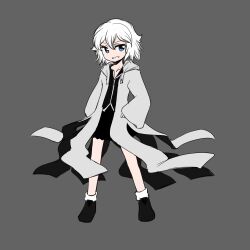 Rule 34 | 1other, androgynous, anmita (rarutos), black shirt, black skirt, blue eyes, coat, commentary request, full body, grey background, grey coat, hood, hood down, hooded coat, len&#039;en, long sleeves, miniskirt, open clothes, open coat, open mouth, original, other focus, shirt, shitodo hoojiro, shitodo hoojiro (anmita), short hair, simple background, sketch, skirt, sleeves past wrists, smile, socks, solo, white hair, white socks