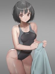 Rule 34 | 1girl, amagami, black hair, black one-piece swimsuit, breasts, brown eyes, competition swimsuit, cowboy shot, gradient background, grey background, highres, looking at viewer, nanasaki ai, one-piece swimsuit, rokuba, short hair, small breasts, solo, standing, swimsuit, two-tone swimsuit